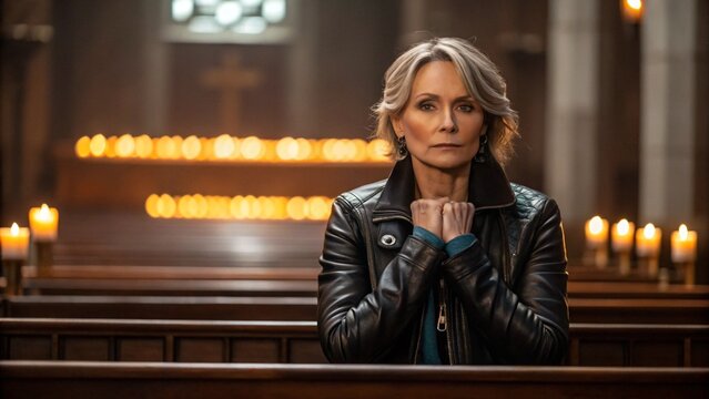 Mature woman praying alone in candlelit church, peaceful moment of faith and reflection in sacred space
- Powered by Adobe