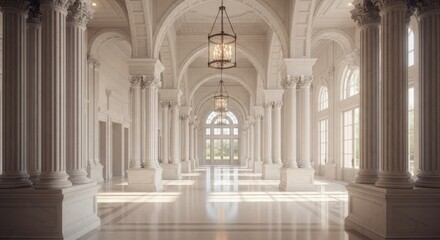 Naklejka premium Grand white marble hallway with classical columns and chandeliers