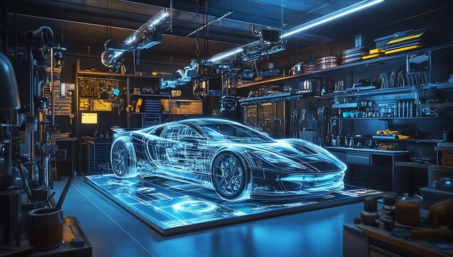 Futuristic sports car blueprint displayed as a glowing blue hologram in a workshop technology