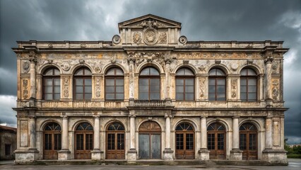 Fototapeta premium Front view of abandoned historic building with ornate classical architecture under dramatic cloudy sky 