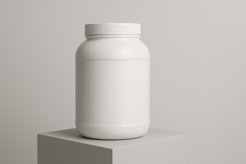 Stylish White Protein Powder Jar on Minimalist Pedestal