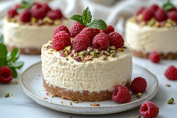 Vegan no-bake cheesecake topped with raspberries and pistachios, individual portion on white plate and background