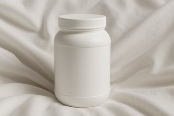 Serene White Protein Powder Jar on Soft Fabric