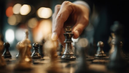 Strategic Move: A Hand Carefully Positions a Chess Piece on the Board