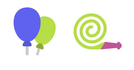 Flat design party balloons and party horn; cheerful, celebratory mood.