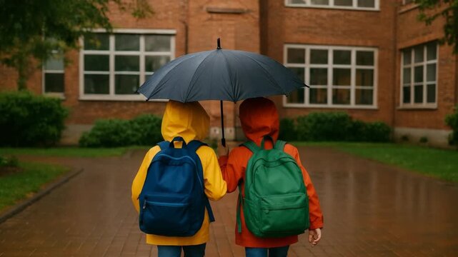 Kids sharing an umbrella during a rainy day walk after school in colorful rain jackets