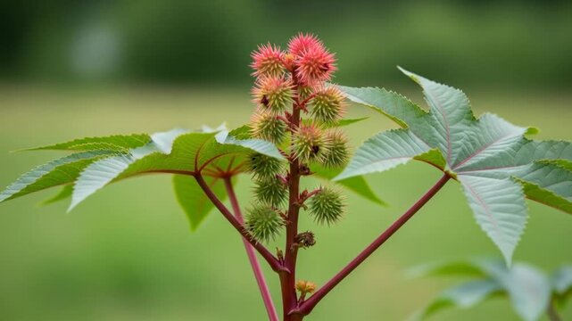 Castor Bean Plant Growth: A Time-Lapse of Spiky Seed Pods and Palmate Leaves Unfurling in a Lush Green Field