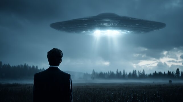 Mysterious encounter: Businessman stares at a luminous UFO hovering above a misty field, a scene of intrigue