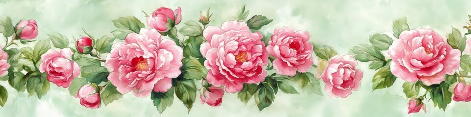Beautiful Watercolor Pink Roses Border Design Element for Seamless Floral Backgrounds and Decor