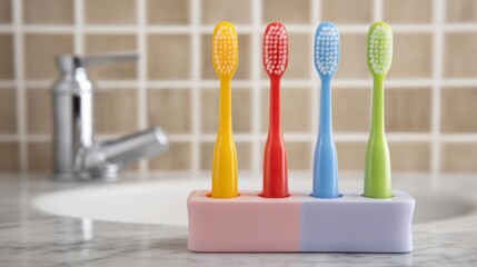 Four colorful toothbrushes in a holder on a bathroom counter