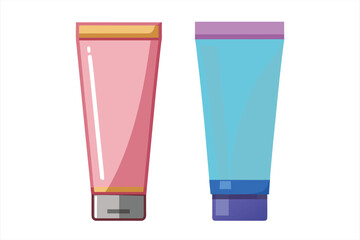 Pair of cosmetic tubes, one pink and one blue, with metallic caps, suggesting skincare or beauty products