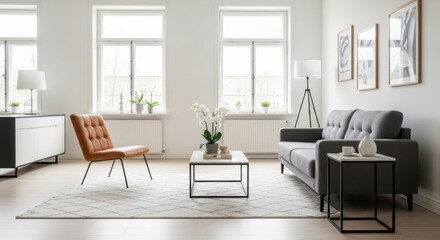 Modern living room with grey sofa and tan armchair