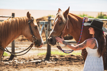 woman cowgirl, stands next to her horse in summer season