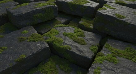 Close up of dark gray stone blocks covered with green moss in a natural setting