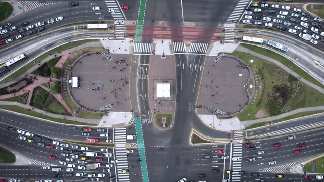 Aerial view of the Obelisk of Buenos Aires and 9 de Julio Avenue in the center of the city. The Obelisk is a symbol of Buenos Aires, is one of the most important tourist spots.