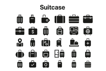 Suitcase Solid Icon Set: Travel, Luggage, and Vacation Symbols
