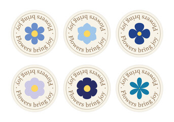 Set of round stickers with the inscription "Flowers bring joy" and blue flowers. Suitable for packaging, scrapbooking, handmade, gifts, crafting, journaling, labels, design, decor, web design. Vector.