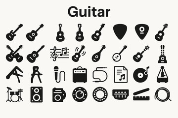 Obraz premium Guitar Solid Icon Set: Music, Instrument, and Rock and Roll Symbols