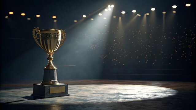 Podium with gold trophy cup and star symbolizing first place victory and success - Powered by Adobe