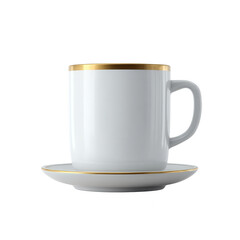 Elegant white coffee cup with a gold rim, accompanied by a matching saucer. Ideal for upscale dining or coffee presentations on a clean, white background.