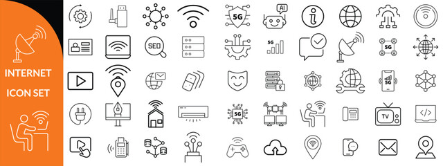Internet icon set. Outline icons pack. Network related icon set. Contain linear sign network, web, communication, server, connect, connection, computer and more