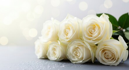 Obraz premium Bunch of white roses with water droplets on grey surface