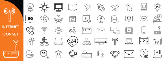 Internet icon set. Outline icons pack. Network related icon set. Contain linear sign network, web, communication, server, connect, connection, computer and more