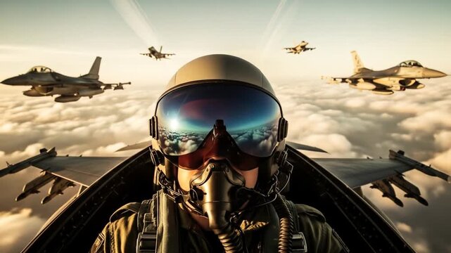 High angle view of fighter jet pilot in cockpit during aerial combat operations