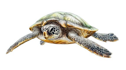 Watercolor sea turtle swimming in ocean waters, detailed nature illustration showing textured shell and flippers against white background, isolated wildlife artwork.