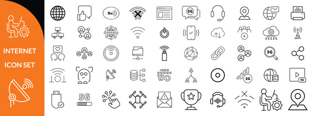 Internet icon set. Outline icons pack. Network related icon set. Contain linear sign network, web, communication, server, connect, connection, computer and more