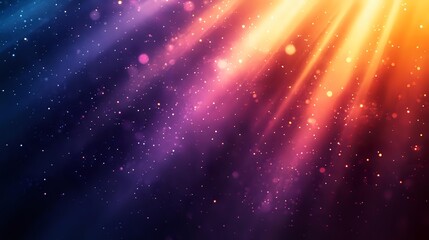 Fototapeta premium Vibrant cosmic background with colorful light rays piercing through dark space, featuring glowing particles and gradient from deep blue to warm orange and pink hues.