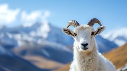 Fototapeta premium Dall sheep close up portrait with snowy mountain peaks in background, looking directly at camera with curved horns and white fur against blue sky.