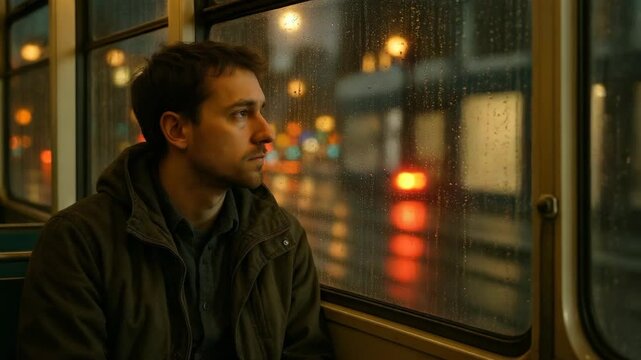 Contemplative moments on a rainy evening bus ride through the city streets