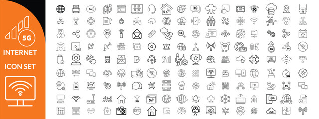 Internet icon set. Outline icons pack. Network related icon set. Contain linear sign network, web, communication, server, connect, connection, computer and more