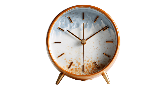A enameled metal desktop clock featuring a dual-tone glaze, white background --ar 16:9