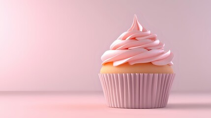 Pink swirled frosting tops vanilla cupcake in white paper wrapper against soft pink background, creating minimalist pastel composition for bakery marketing.