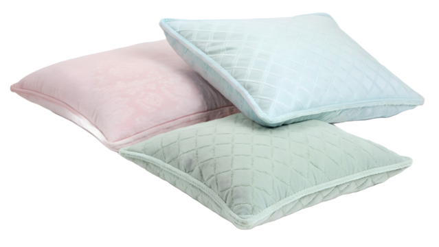 Three soft quilted throw pillows in pastel pink blue and green isolated on transparent background - Powered by Adobe