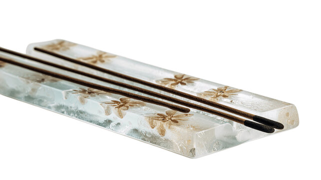 A frosted glass incense stand with artisanal craftsmanship details, white background --ar 16:9