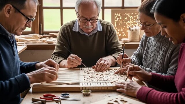 Collaborative Wood Carving: A Diverse Group Crafting Intricate Designs Together in a Workshop Setting