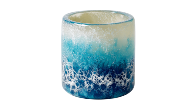 A frosted glass pen holder featuring a dual-tone glaze, white background --ar 16:9