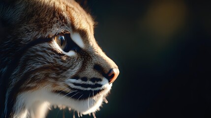 Close up profile portrait of caracal wild cat face with distinctive ear tufts against dark background, showing detailed fur texture and intense side gaze.