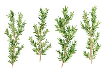 Obraz premium Fresh rosemary sprigs with green aromatic leaves and woody stems on white background, watercolor botanical illustration for kitchen and garden design.