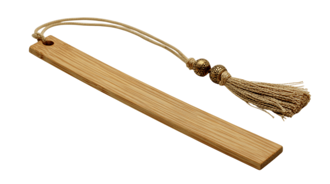 A natural bamboo bookmark with artisanal craftsmanship details, white background --ar 16:9