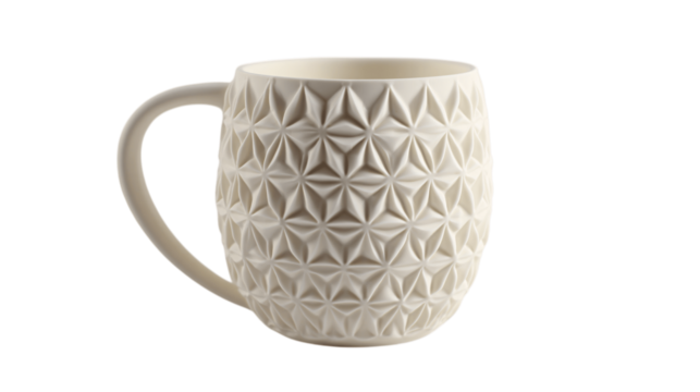 A matte silicone tea mug showcasing a geometric pattern, white background --ar 16:9
