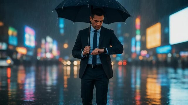 Businessman standing in the rain with an umbrella in a city at night while checking his watch
