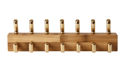 A natural bamboo key organizer with gold-trimmed finish, white background --ar 16:9