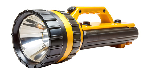 Yellow and black battery operated spotlight with a large reflector and handle isolated on a transparent background