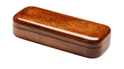 A polished wooden glasses case highlighting clean silhouettes, white background --ar 16:9