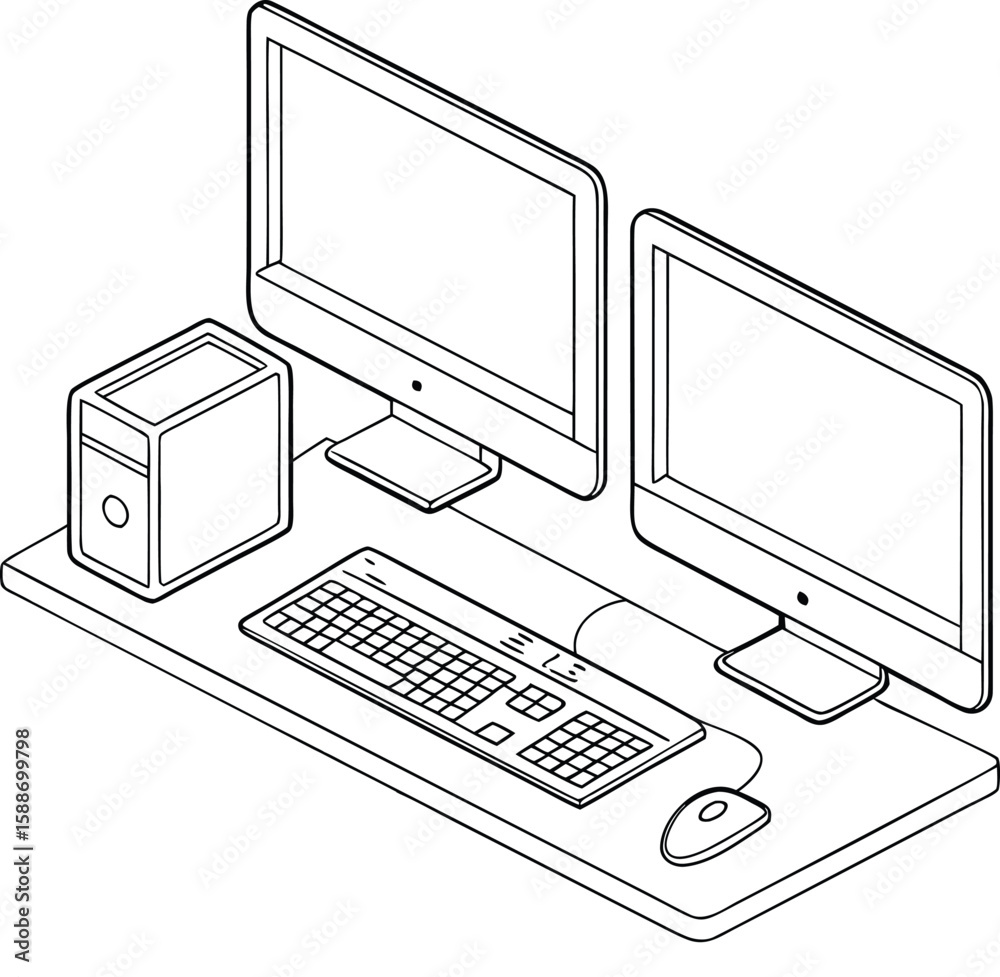 Fototapete workspace setup graphic showing computers, keyboard, and mouse on desk