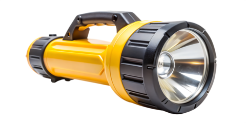 Yellow and black heavy duty flashlight with a large reflector and handle isolated on a transparent background